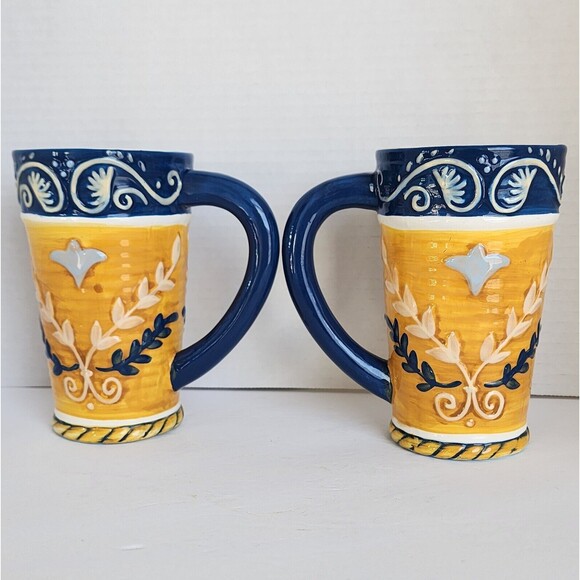 BELLA CASA by Ganz Mugs Cups Handpainted Tall Coffee Latte Blue Gold Vtg 2 Piece - Picture 3 of 9